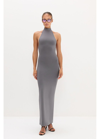 Серое платье макси с комиром халтер серый 822-1 Papaya