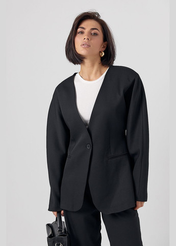 Черный женский классический жакет без воротника с имитацией карманов - черный цвет Lurex - демисезонный