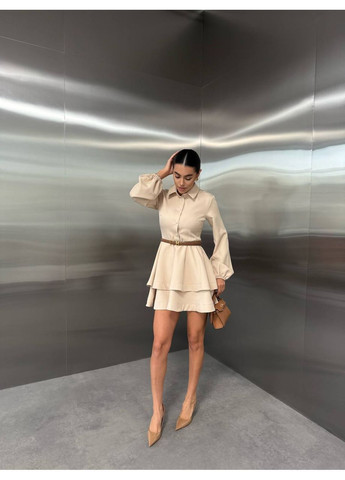 Бежева святковий, вечірня, ділова, кежуал жіноча сукня з воланами Style Point однотонна