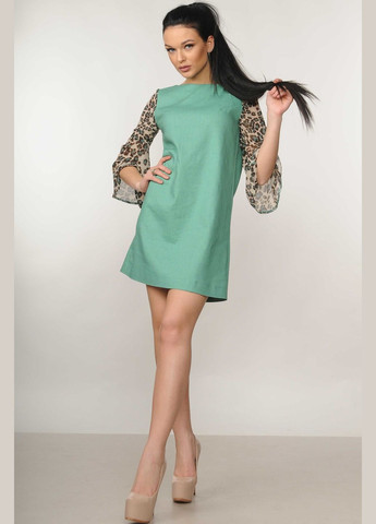 Фисташковое повседневный мини-платье а-силуэта с горизонтальной горловиной и воланом на рукавах (пл 14.1-06/19) RiMari