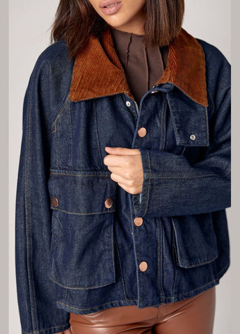 Темно-синяя демисезонная джинсовая куртка с вельветовым воротником и накладными карманами 240180 Lurex