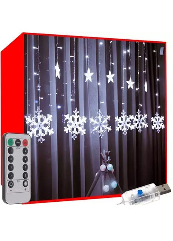 Светодиодная гирлянда штора со снежинками звездами с работой от USB 138 LED длина 540 см (481285-Prob) Холодный белый свет Unbranded (359701908)