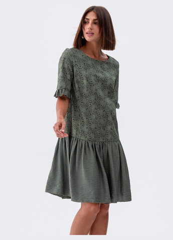 Оливкова (хакі) кежуал сукня кольору хакі з комбінації льону та прошви Dressa однотонна