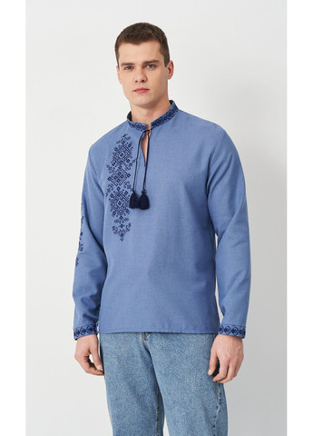 Синяя мужская вышиванка vishivano4ka 3046-6 узор геометрический прямой домотканное полотно (371886614)