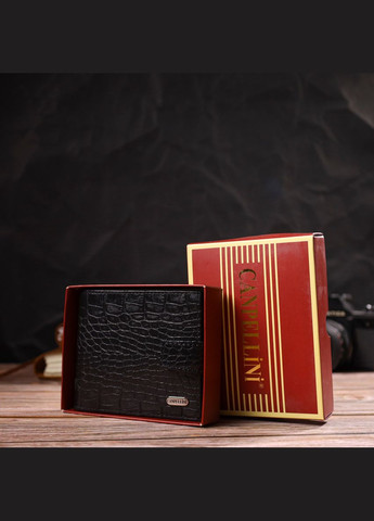 Зручний чоловічий гаманець із натуральної фактурної шкіри з тисненням під крокодила чорний 21790 Canpellini (329198216)