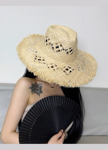 Літній широкополий капелюх Федора з візерунками по тулії та полях LAVINIA з рваною бахромою No Brand (293815358)