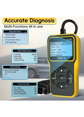 Автомобильный сканер V100 OBD2 универсальный инструмент для диагностики и сброса ошибок жёлтый No Brand (368697862)