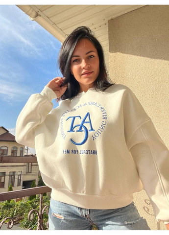 Белый свитшот женский 2479 широкий оверсайз утепленный вышивка рисунок Olivia однотонный (303140188)