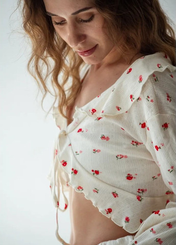 Бежева всесезон жіноча піжама з квітковим принтом, комплект для дому з рюшами,, топ + шорти топ + шорти Veronica