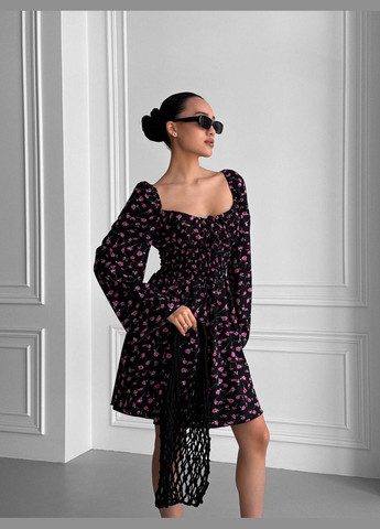 Черное повседневный женское платье с цветочным принтом бэби долл Україна с цветочным принтом