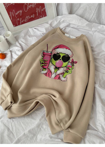 Бежевий жіночий світшот оверсайз на флісі з новорічним принтом MonCher (367088172)