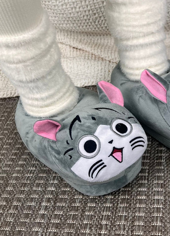 Серые женские домашние тапочки котик чи плюшевые нескользящая подошва My Kigu с ушками, с вышивкой