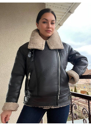 Дубленка женская 243 средней длины из экокожи на молнии с мехом черная AFTF BASIC (316035525)