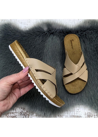 Темно-бежевые шлёпанцы женские кожаные на плоской подошве Sanipur