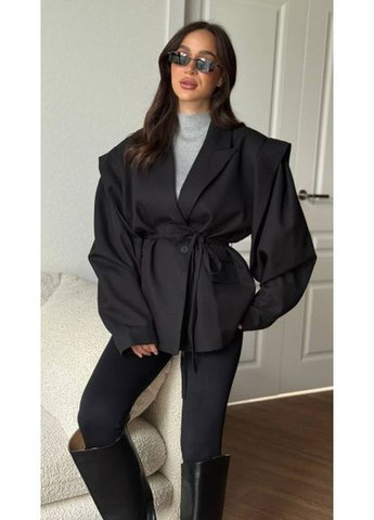 Черный женский жакет, пиджак, женский блейзер на подкладке, с поясом,, (арт. 0034bt) No Brand - всесезон