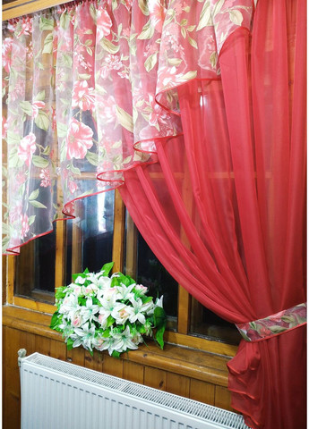 Фіранка кухонна коротка готова Анжеліка червона яблуневий цвіт коралл права No Brand (372133852)