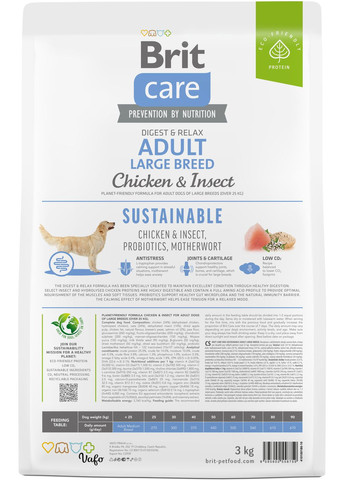 Корм для собак великих порід Dog Sustainable Adult Large Breed з куркою та комахами 3 кг (8595602558759) Brit Care (316226700)