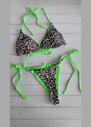 Бежевий літній жіночий роздільний леопардовий купальник на зав'язках No Brand