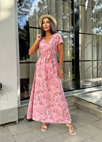 Розовое праздничный, повседневный, кэжуал легкое изящное длинное женское платье из софта а-силуэт INNOE с цветочным принтом