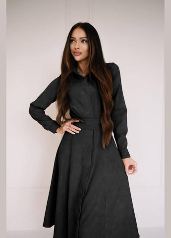 Черное деловое, повседневный, кэжуал, джинсовое стильное женское платье меди из микровельвета свободного кроя на пуговицах с поясом рубашка InFashion однотонное