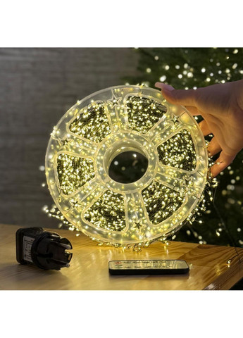 Гірлянда нитка-мішура 20 м (600 L) з пультом на USB та з 8 режимами на зеленому проводі тепле світло (9372) No Brand (367078911)