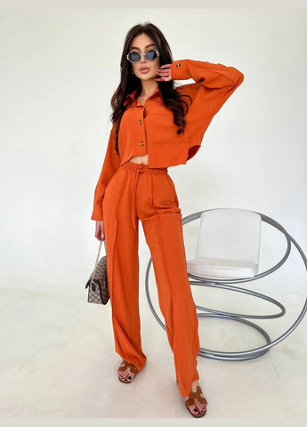 Яркий летний костюм двойка из качественной ткани: креп-жатка (рубашка+штаны клёш), стильный оранжевый костюм 2-ка No Brand 254-1 (289361151)