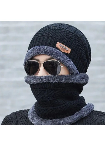 Мужской зимний утепленный комплект шапка + бафф, черный, меховой, теплый, акрил, универсальный 56-60 см No Brand (363052184)