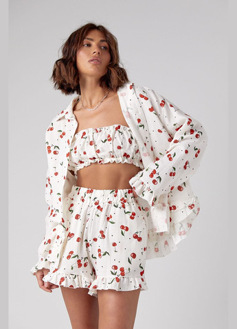 Жіночий костюм-трійка прикрашений вишнями - молочний колір S (sku_9523) No Brand (327819451)