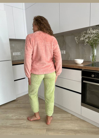 Розовая зимняя пижама женская махровая кофта + брюки No Brand