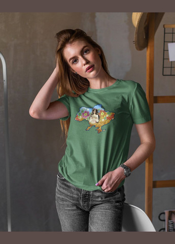 Хаки (оливковая) летняя женская футболка с патриотическим принтом хаки 44 Mishe 200040010