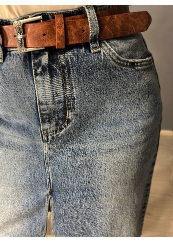 Спідниця жіноча джинсова ZJY 67001 прямий крій довжина нижче коліна розріз попереду стрейчева коричневий ремінь синя No Brand (322995831)