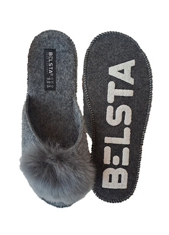 Серые тапочки бесшумные открытые паркетные Белста с помпонами