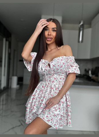 Белое повседневный, кэжуал, коктейльное, вечернее женское платье клеш FINO Mode с цветочным принтом