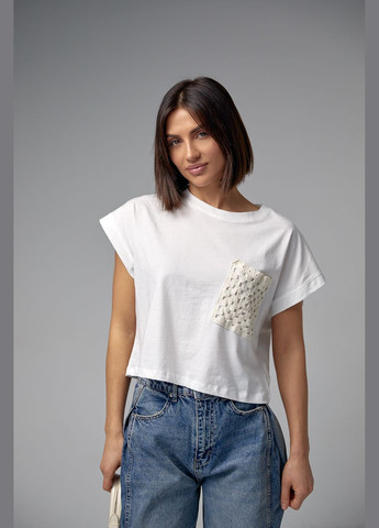 Молочна літня укорочена футболка з ажурною кишенею Lurex