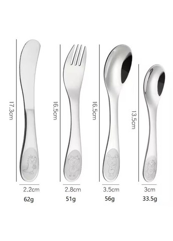 Набор детских столовых приборов 4 предмета с мультяшными животными с нержавеющей стали No Brand (350314518)