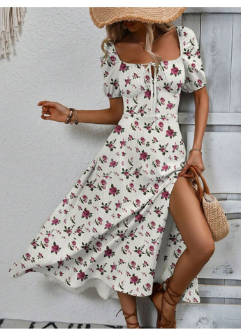 Білий повсякденний жіноча літня сукня в романтичному стилі з квітковим принтом з пишною спідницею Україна з квітковим принтом