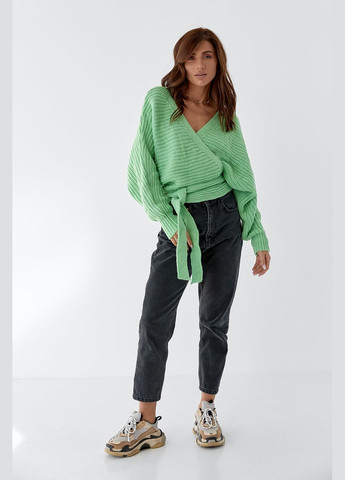 Коротка в'язана кофта із запахом та поясом - салатовий Lurex (314901686)