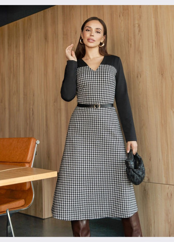 Чорна ділова сукня в чорну гусячу лапку з ременем Dressa з візерунком "гусяча лапка"