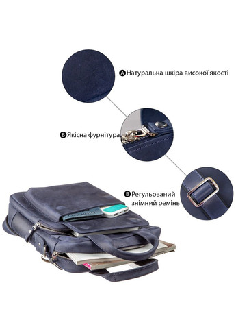 Стильная вертикальная сумка под А4 с карманами из натуральной кожи синяя (sku_11170) No Brand (328922250)