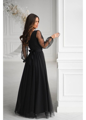 Чорна витончена довга сукня з м’якою сіткою та високим розрізом на нозі чорний No Brand