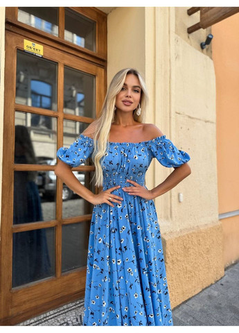 Темно-блакитна святковий, вечірня, кежуал жіноча сукня максі а-силует Style Point з квітковим принтом