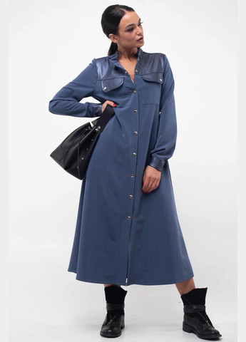 Синее повседневный платье полуприлегающего силуэта длиной меди с верхней экокожаной деталью (вл 5.1-77/19) RiMari