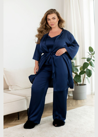 Темно-синяя всесезон домашний шелковый костюм 3-ка Minova