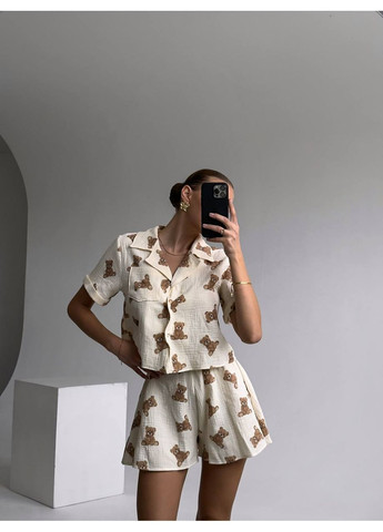 Бежева всесезон муслінова піжама для жінок сорочка та шорти жатка з ведмедиками сорочка + шорти No Brand Піжама