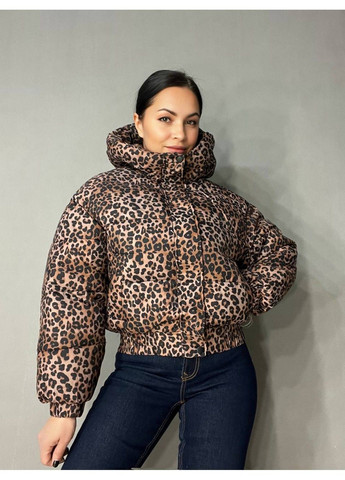 Коричнева демісезонна куртка жіноча 9006 коротка з капюшоном леопардовий принт на резинці демісезонна коричнева Lady yep