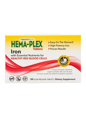 Хема плекс Hema Plex залізо з кофакторами 30 таблеток із тривалим вивільненням Nature's Plus (263603589)