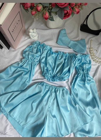 Блакитна всесезон жіноча шовкова піжама 3 в 1 топ + шорти Avanti