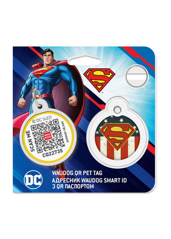 Адресник для собак и кошек металлический Smart ID с QR паспортом, рисунок "Супермен Америка", круг, Д 30 мм WAUDOG (365061914)