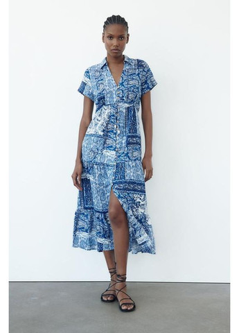 Синя сукня-сорочка середньої довжини з принтом Zara