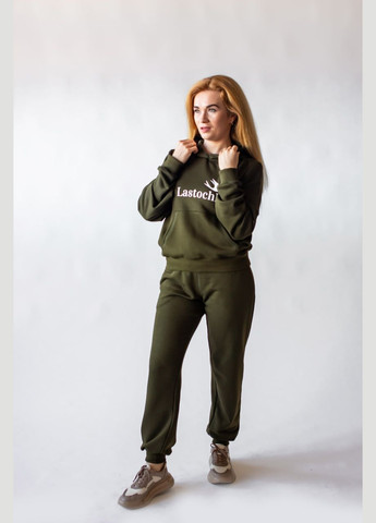 Демісезонний жіночий спортивний костюм оверсайз кольору хакі з худі з написом з малюнком з капюшоном No Brand (314540531)